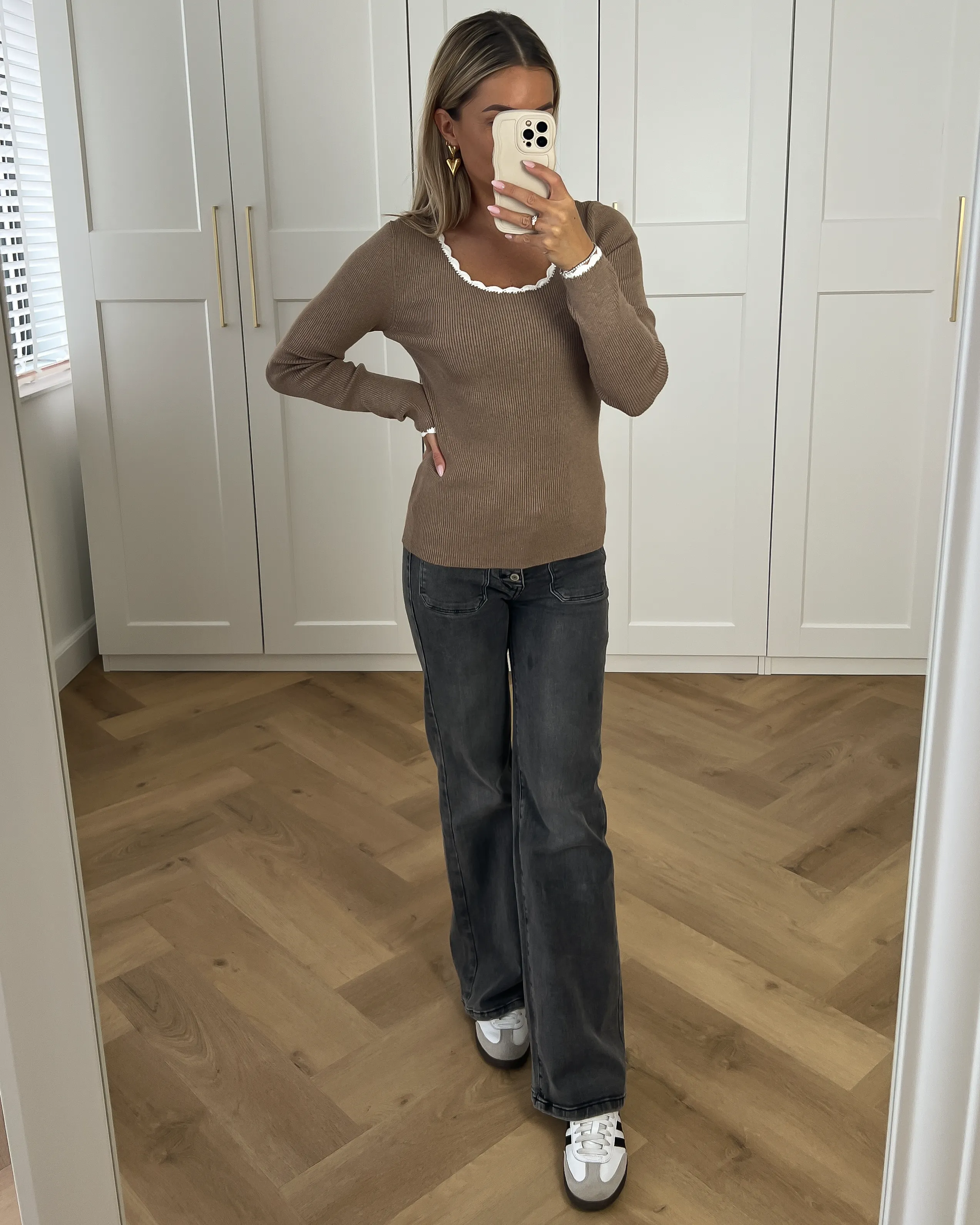 DIANA - White Border Longsleeve Knit Top in Taupe