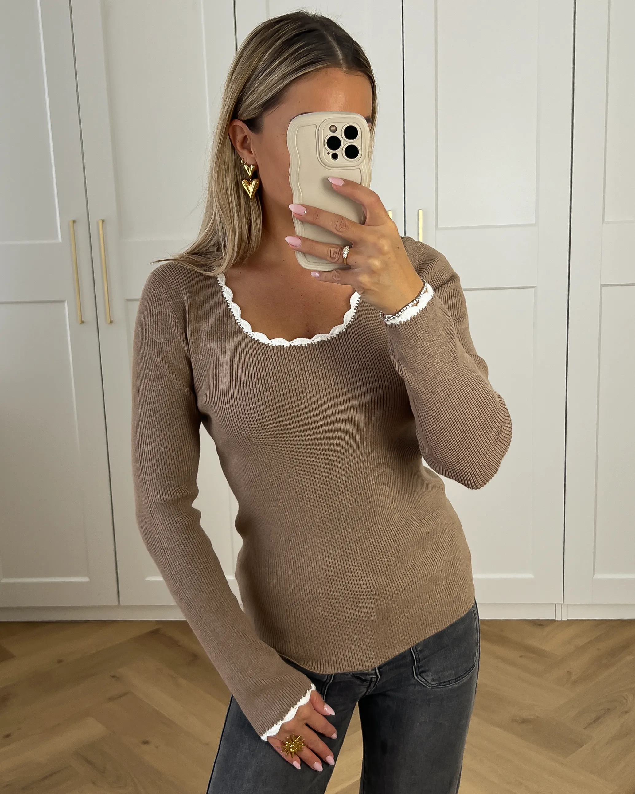 DIANA - White Border Longsleeve Knit Top in Taupe