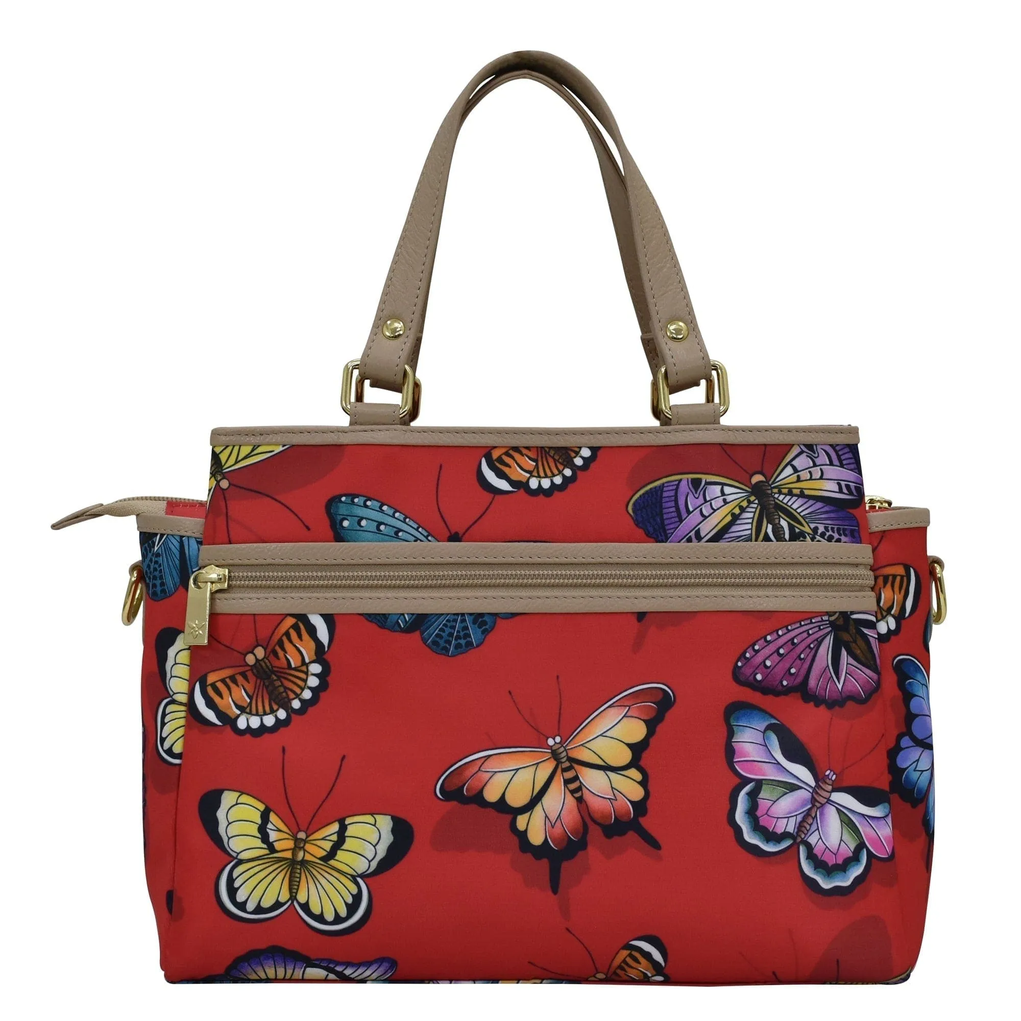 Fabric with Leather Trim Multi Compartment Satchel - 12014