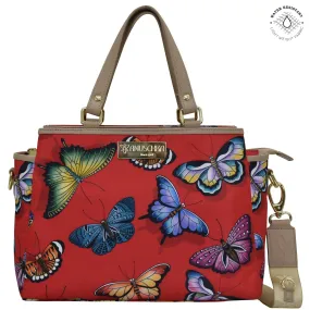 Fabric with Leather Trim Multi Compartment Satchel - 12014