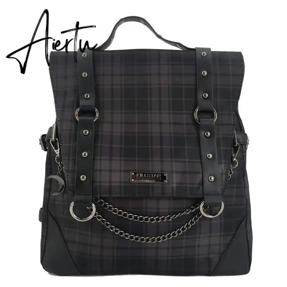 Gothic Punk Rock Plaid Backpack Korea Y2k Chain Aesthetic Niche Sac A Dos Mochilas School Backpack for Teenage Students