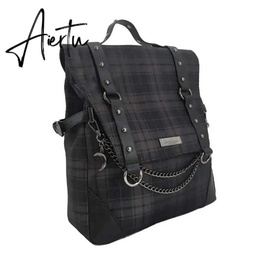 Gothic Punk Rock Plaid Backpack Korea Y2k Chain Aesthetic Niche Sac A Dos Mochilas School Backpack for Teenage Students