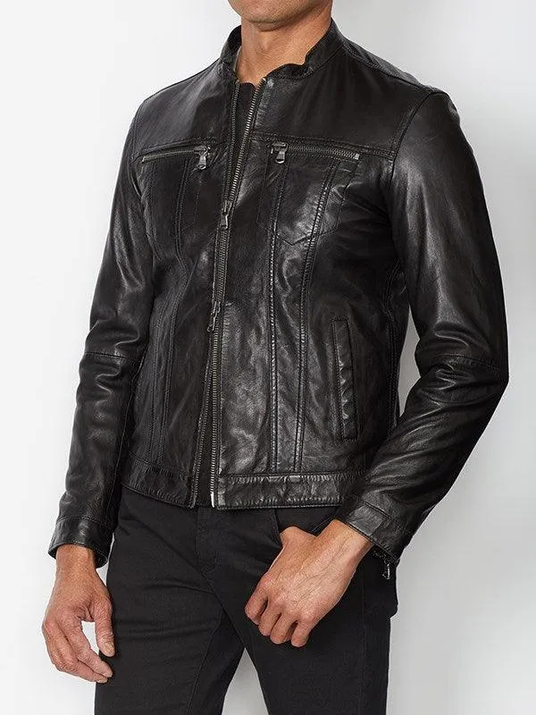 John Varvatos - Jacket de cuir à col rond