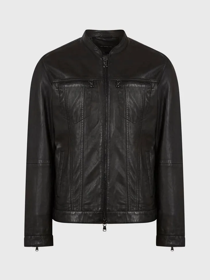 John Varvatos - Jacket de cuir à col rond