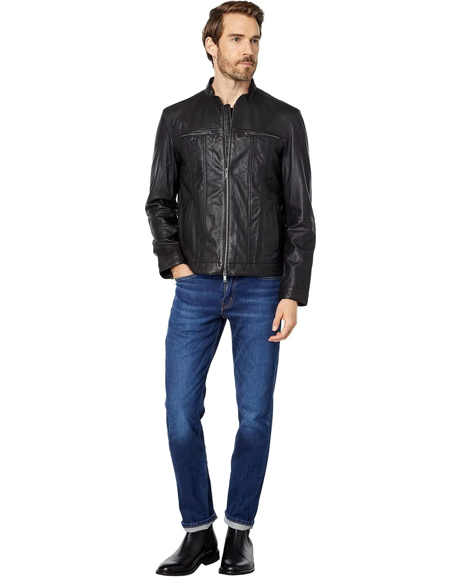 John Varvatos - Jacket de cuir à col rond