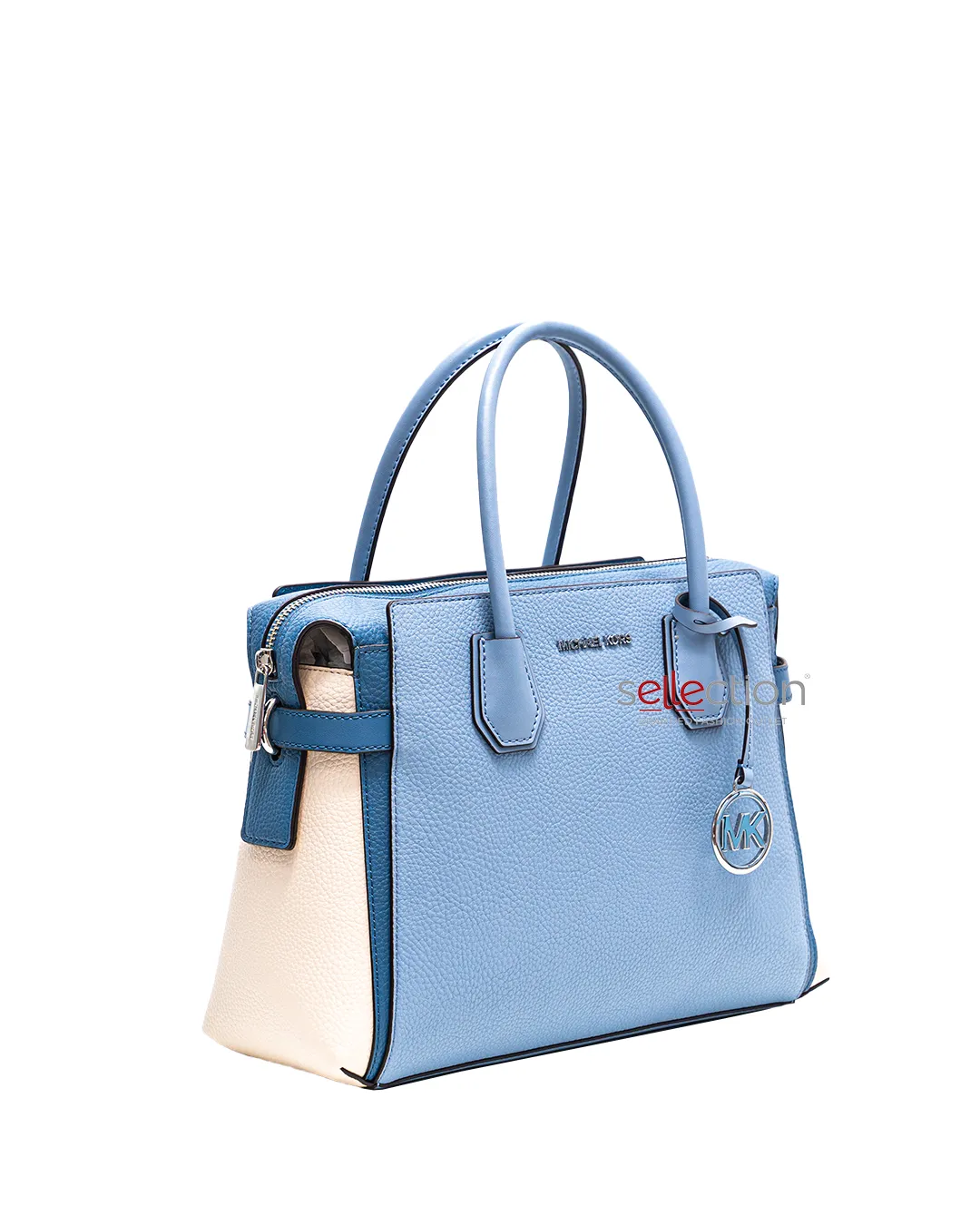 Michael Kors Mercer Medium Pebbled Leather Belted Satchel Bag In Pale Blue Multi