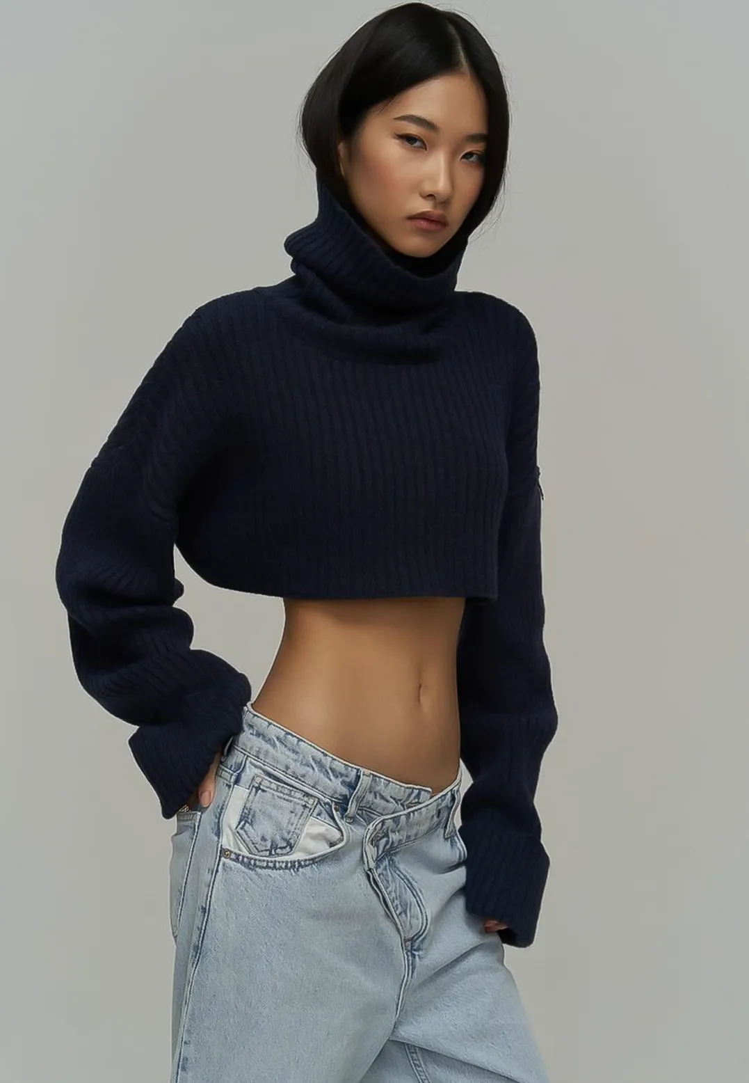 SALE- SOPHIA Oversized Crop Turtle Neck Sweater in Navy Blue