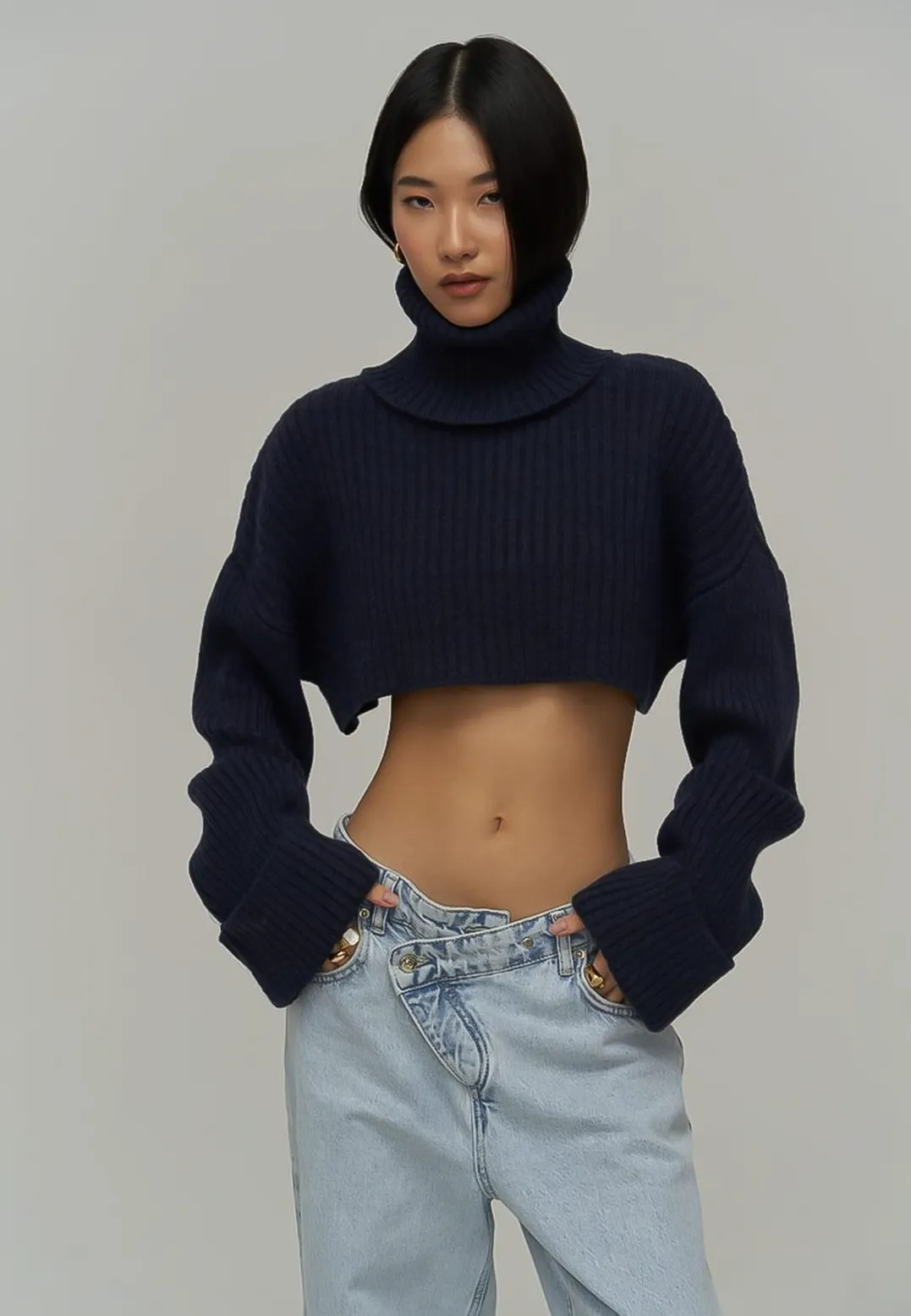 SALE- SOPHIA Oversized Crop Turtle Neck Sweater in Navy Blue