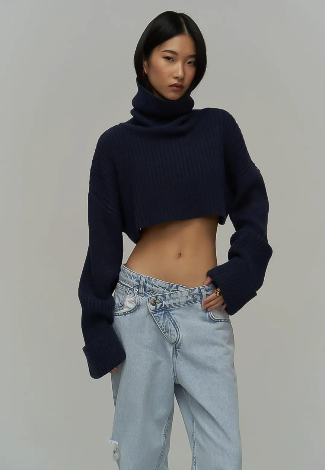 SALE- SOPHIA Oversized Crop Turtle Neck Sweater in Navy Blue