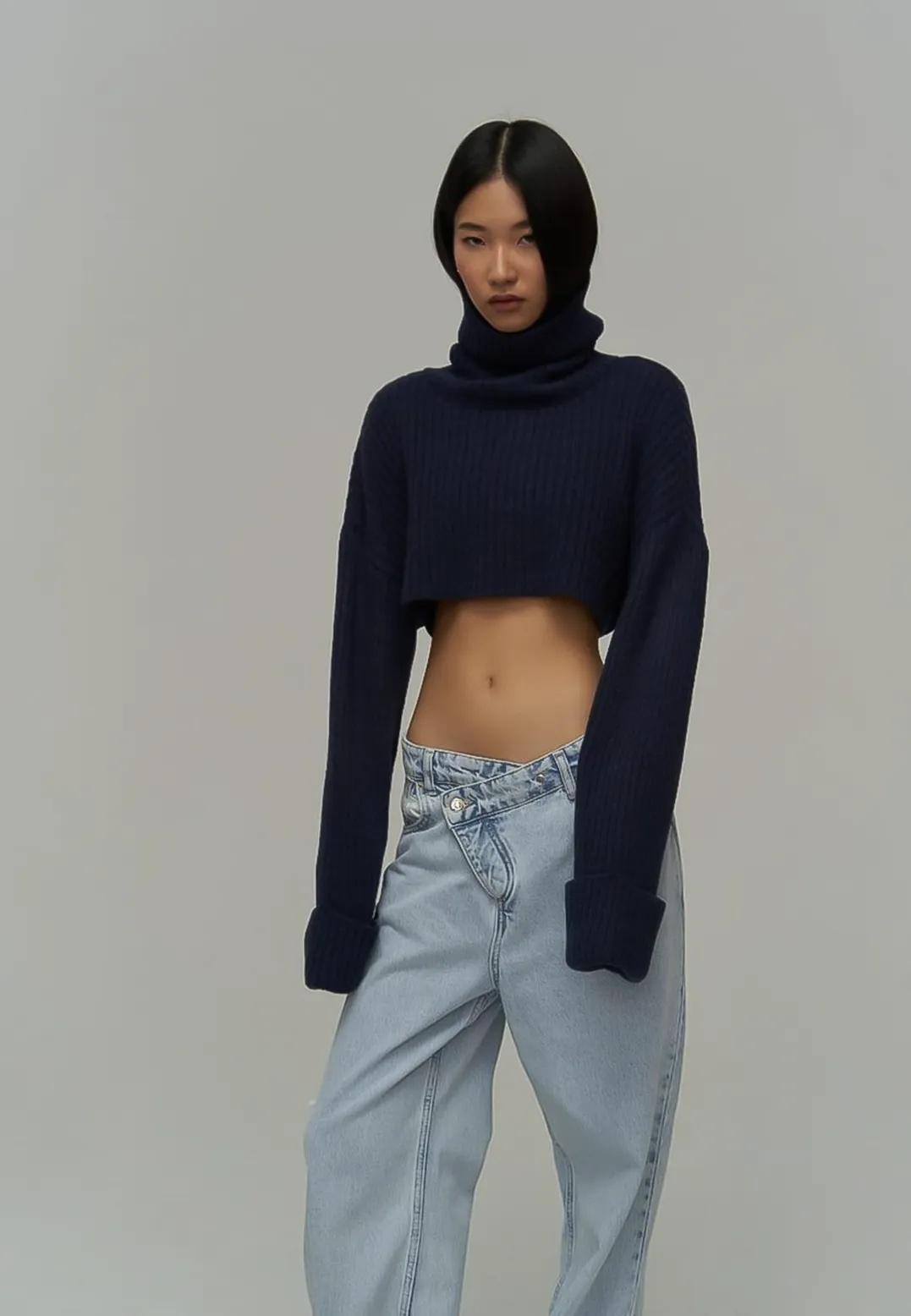 SALE- SOPHIA Oversized Crop Turtle Neck Sweater in Navy Blue