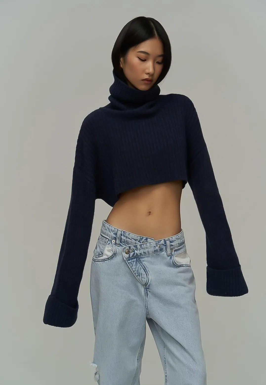 SALE- SOPHIA Oversized Crop Turtle Neck Sweater in Navy Blue